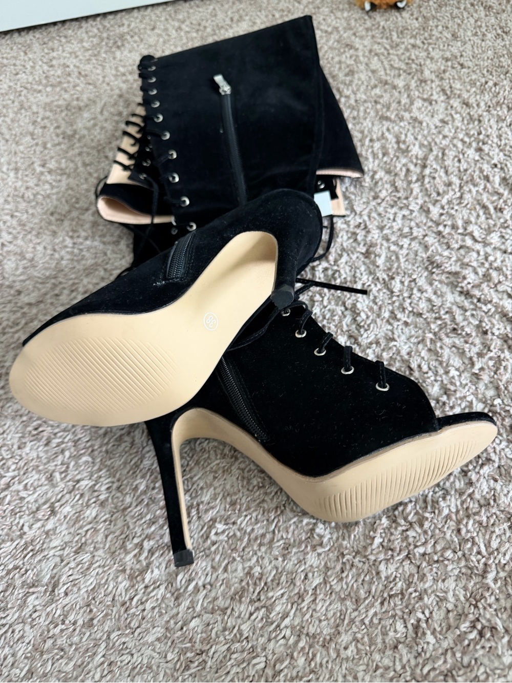 Women's Black Lace-Up Over-the-Knee Peep-Toe Heeled Boots - Picture 4 of 4